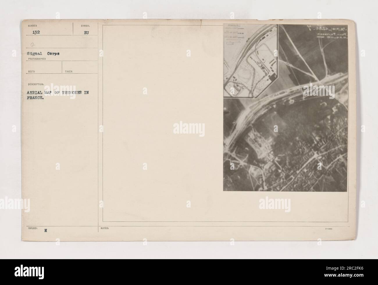 This photograph, labeled as 111-SC-132, shows an aerial map of trenches in France, specifically in Pont Faverger. It is a part of the Signal Corps collection and was taken by a photographer. The description mentions that it was taken during World War I and is an issued photograph. The symbol 'BU' is not further clarified. Stock Photo