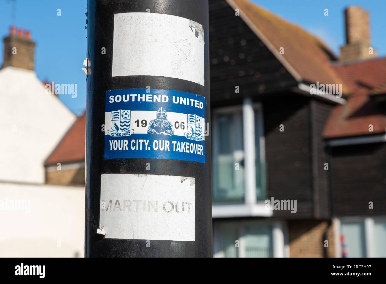 Southend on Sea, Essex, UK. 12th Jul, 2023. National League club Southend Utd FC are due in the High Court today facing a winding-up petition issued by HMRC that was initially adjourned in May of this year. HMRC are demanding around £275,000. Other bills, plus players and staff wages have gone unpaid, with supporters having set up a hardship fund to assist employees. Talks are underway for the club to be sold to a new owner but an agreement failed to be reached before the court date. Result: Adjourned for 42 days. Protest stickers outside stadium Stock Photo