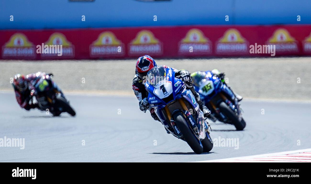 July 08 2023 Monterey, CA, U.S.A Mark Price(665) leads the pack coming out  of turn 3 during the Mission Foods MotoAmerica King of the Baggers  Championship at Weathertech Raceway Laguna Seca Monterey