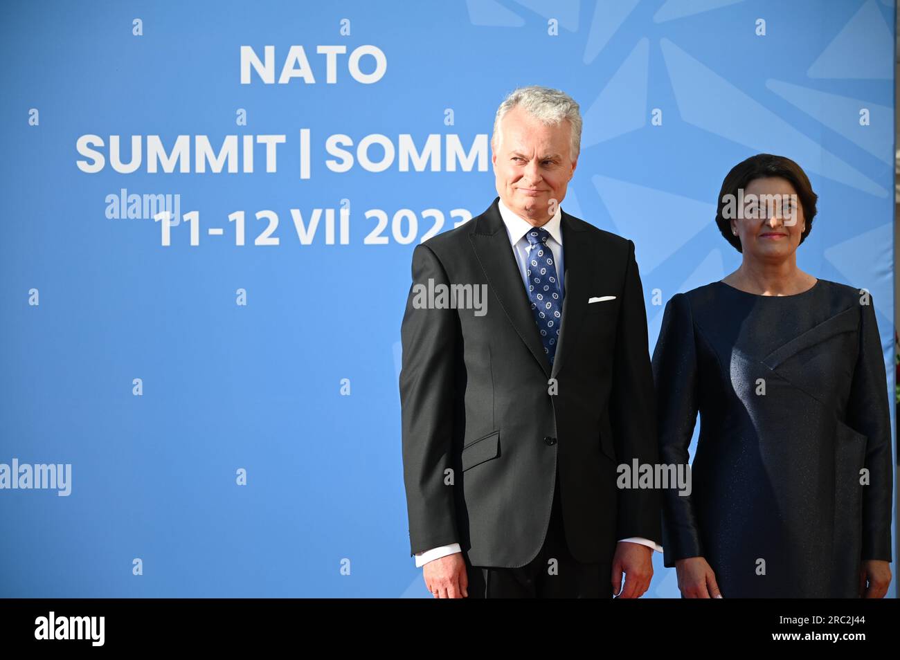 Vilnius, Lithuania. 11th July, 2023. Nato Public Forum 2023 at the Lithuanian Exhibition and Congress Center LITEXPO. Lithuanian President Gitanas Nauseda (L) and his wife Diana Nausediene (R) before the dinner hosted by Lithuanian President Gitanas Nauseda during NATO leaders summit in Vilnius. 11.07.2023 Lithuania, Vilnius Photo credit: Alexi Witwicki/Sipa USA Credit: Sipa USA/Alamy Live News Stock Photo