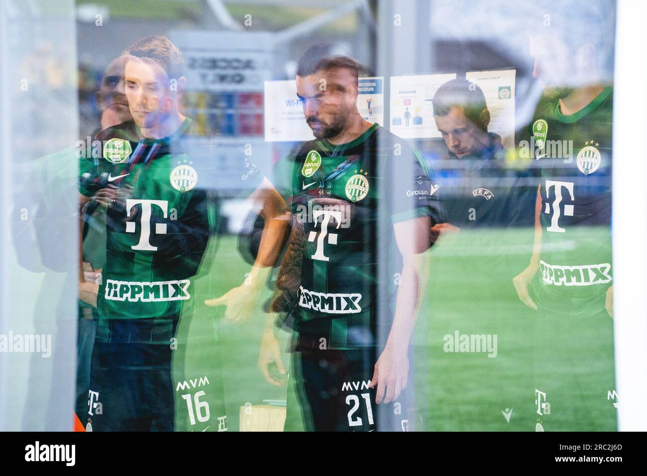 BUDAPEST, HUNGARY - MAY 12: (r-l) Leandro De Almeida 'Leo' of Ferencvarosi  TC celebrates the goal with Roland Varga of Ferencvarosi TC during the  Hungarian OTP Bank Liga match between Ferencvarosi TC