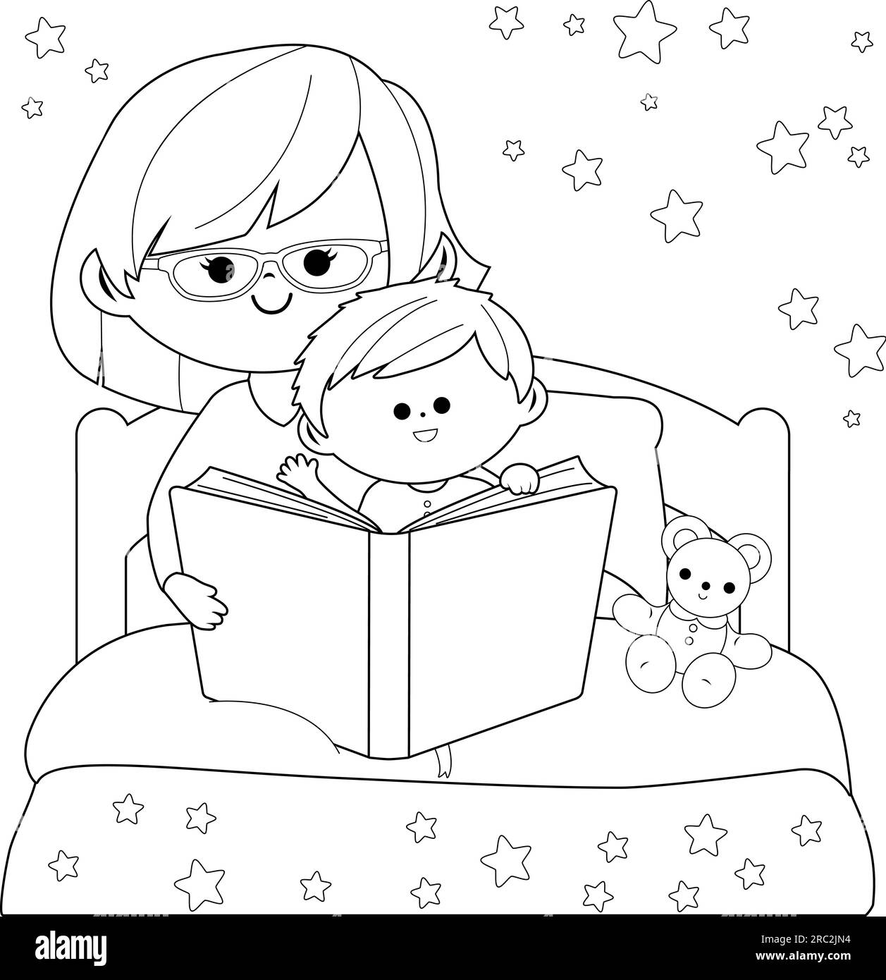 Family reading a book in bed. Vector black and white coloring page. Stock Vector