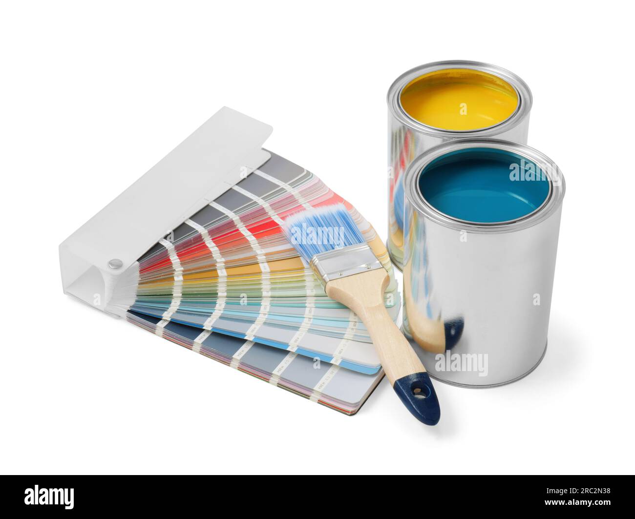 Paint cans, brush and palette on white background Stock Photo - Alamy