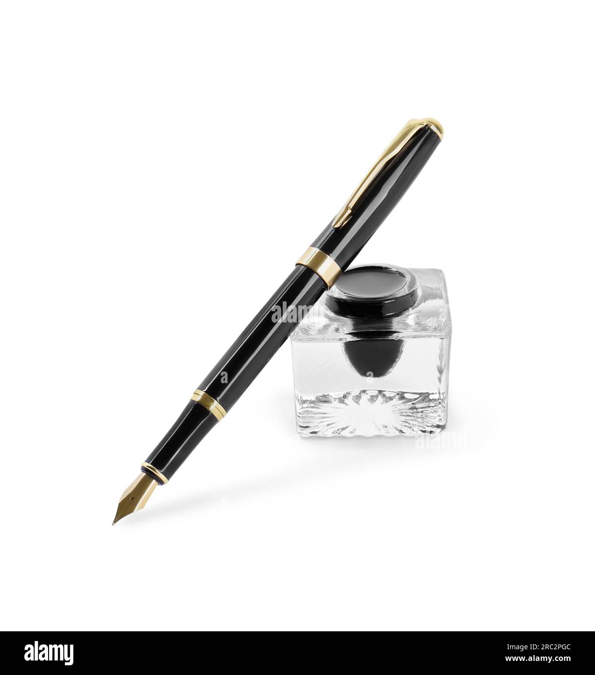 Stylish black fountain pen and inkwell isolated on white Stock Photo