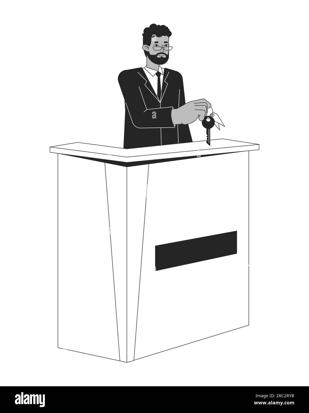 Male receptionist at hotel front desk flat line black white vector character Stock Vector