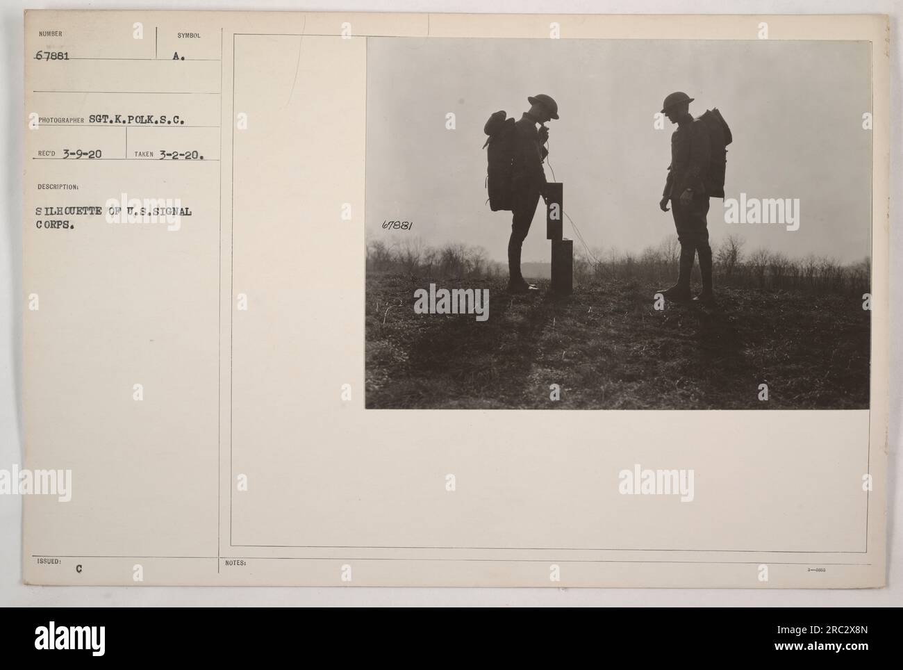 Silhouette of a U.S. Signal Corps member, captured by Sgt. K. Polk on March 2, 1920. The symbol on the uniform indicates the officer is an A.C. Symbol Issued. (Photograph number: Sumber 67881. Received on March 9, 1920.) Stock Photo
