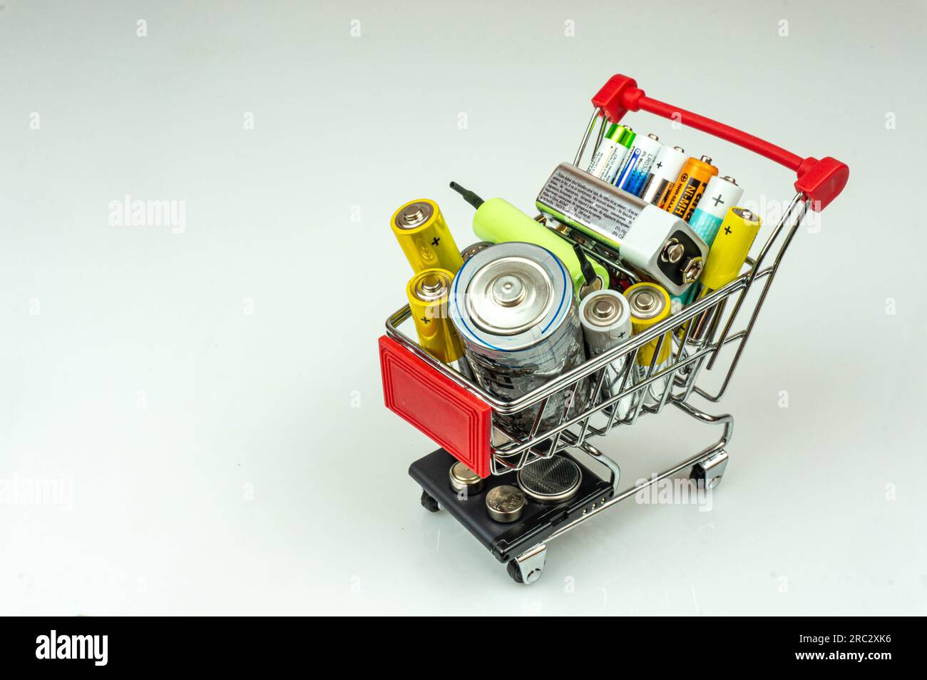 Shop cart with batteries and accumulators of different sizes. It