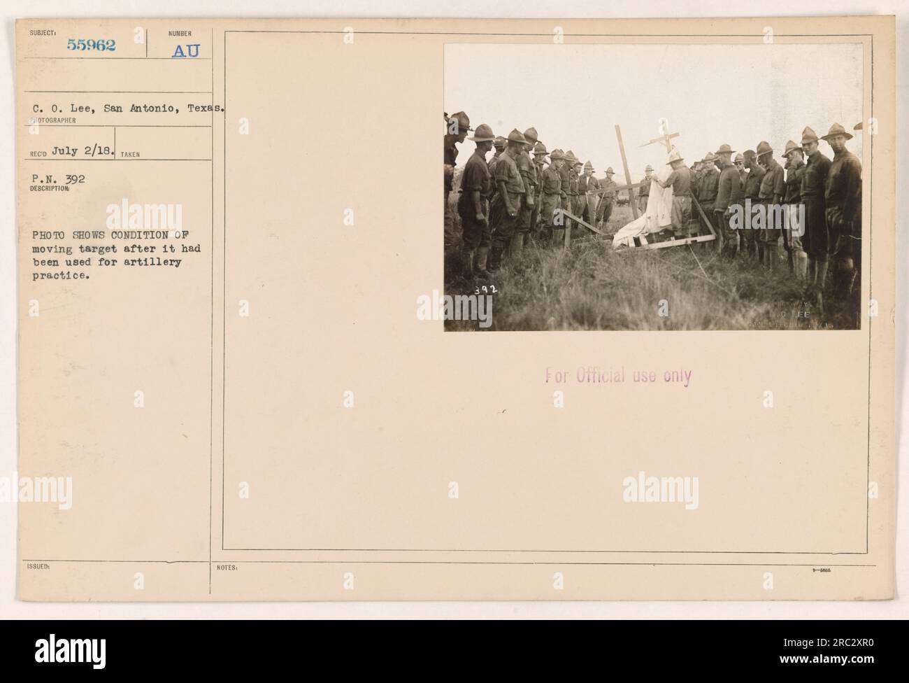 'Moving target used for artillery practice (subject 55962) showing condition after use. Taken on July 2, 1918, at Camp Lee, San Antonio, Texas. Photo taken by P.N. 392. Official use only.' Stock Photo