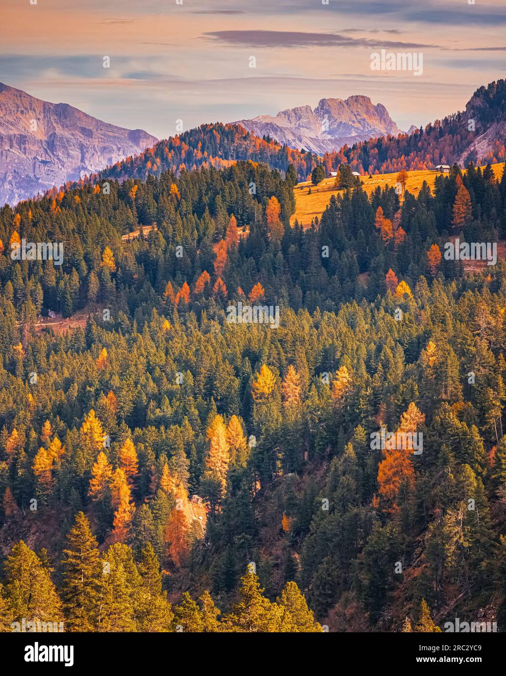 At 2000 meters altitude, the view on the Passo delle Erbe (Würzjoch Alpine Pass), surrounded by forests and lush autumn colors is breathtaking. The pa Stock Photo