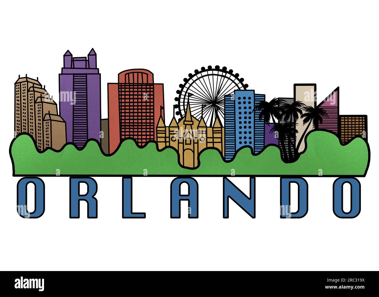 Orlando City Skyline Colorful Illustration, Linen Art Silhouette of Orlando Florida, USA City