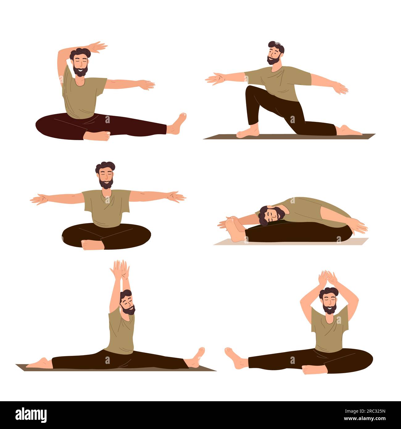 Set of youga and stretching poses.Male Character do Sport and Stretching,Realxing in Engage Yoga Practice Isolated,white background.Man Calmimg,Practi Stock Photo