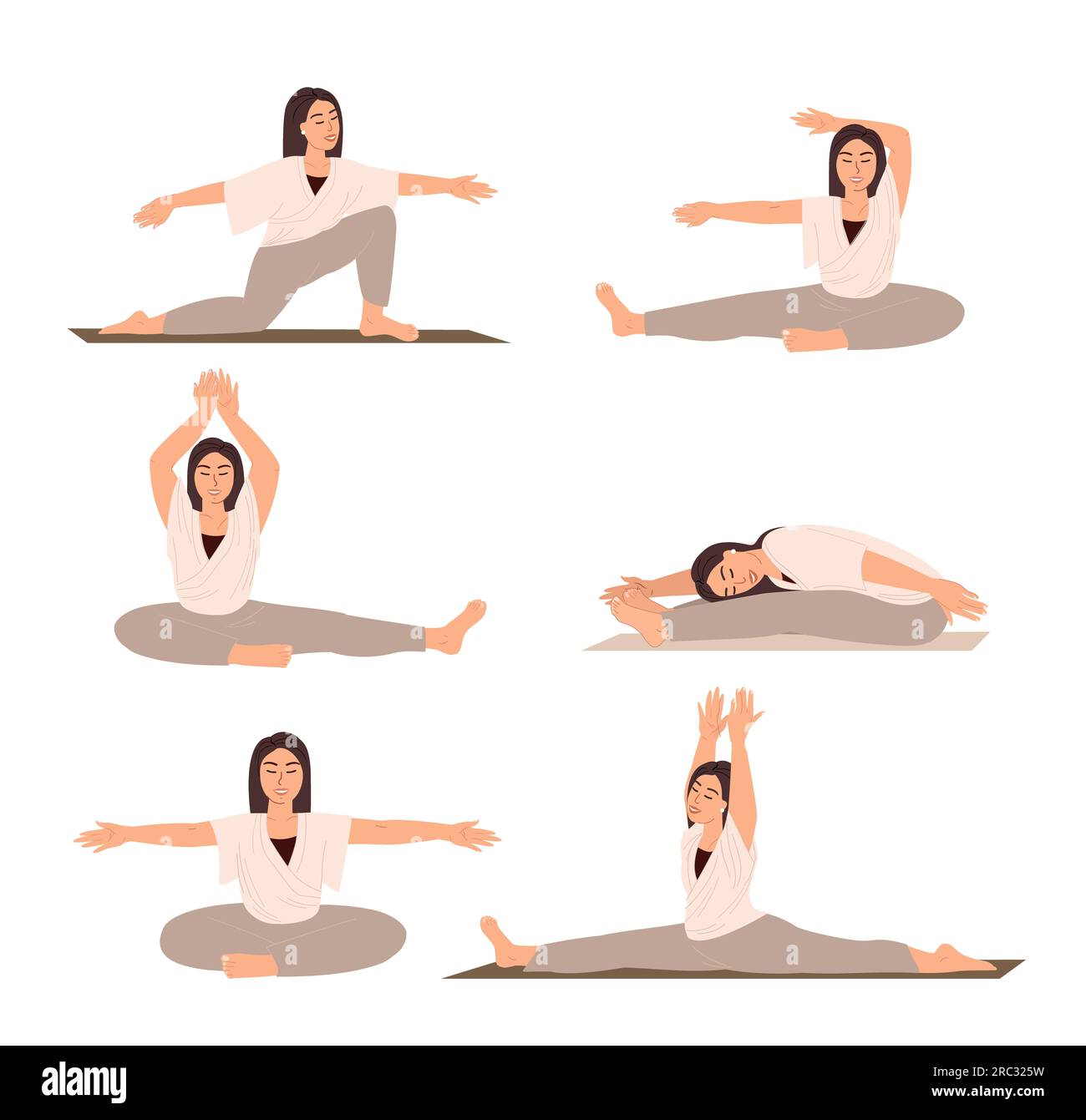 Set of youga poses for women.Stretching,Flexible body,Realxing in Engage Yoga Practice Isolated on white background.Female Calmimg,Meditating,Practisi Stock Photo