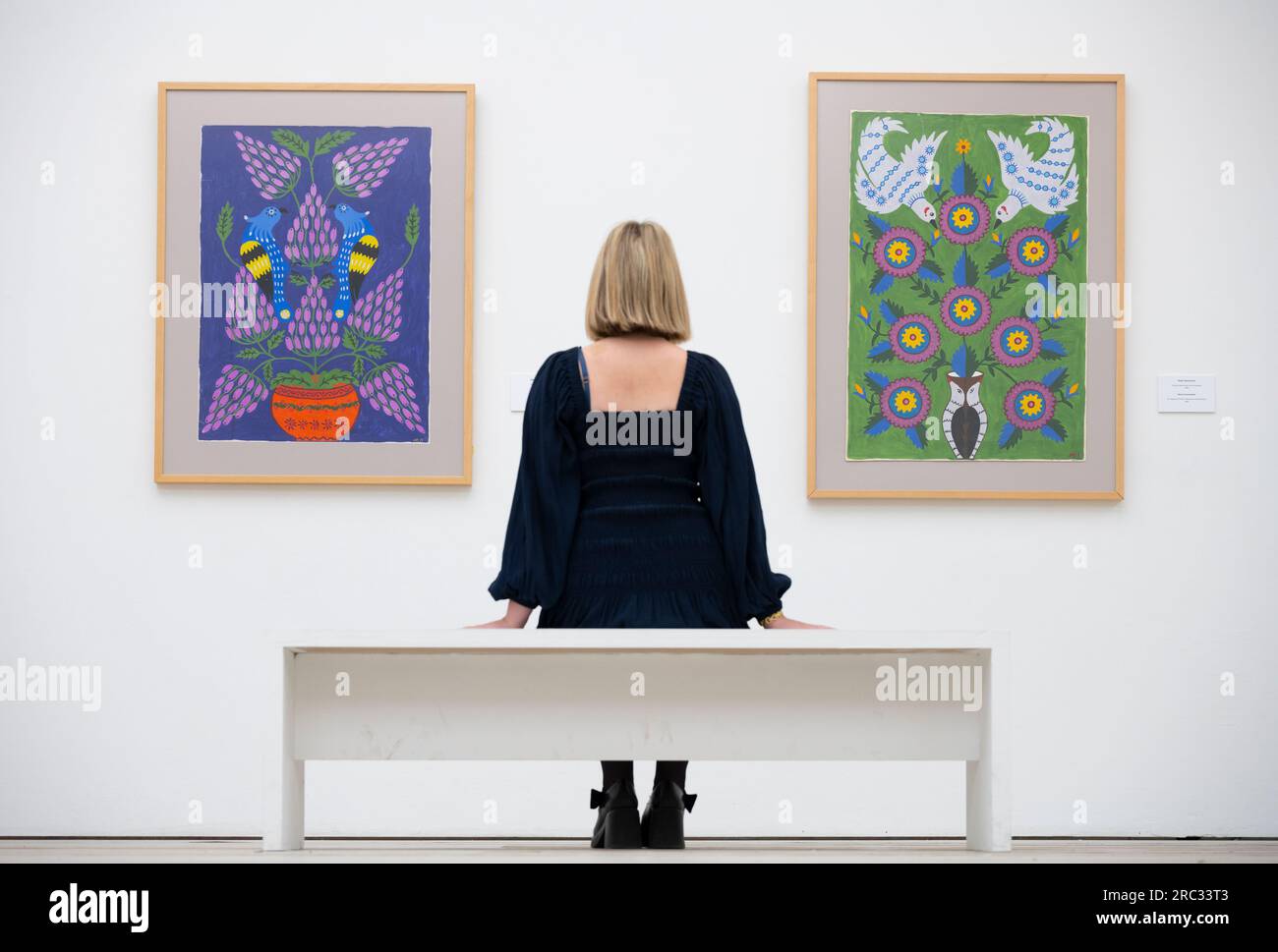 Saatchi Gallery, London, UK. 12th July, 2023. (13 July-31 August 2023). Exhibition of work by Ukrainian folk artist Maria Prymachenko (1908-1997), one of the country's best-loved artists. These works are shown in the UK for the first time, preserved by the artist's family for more than 50 years. The Ukrainian museum where many of Prymachenko's artworks were previously held was destroyed when Russian forces occupied the local village. Image: Flowers with Birds. Credit: Malcolm Park/Alamy Live News Stock Photo