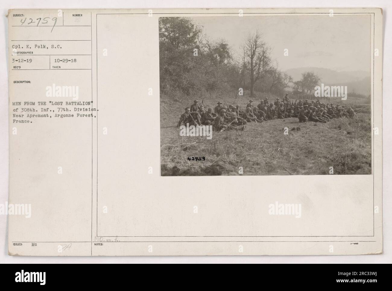 Cpl. K. Polk takes the number of men from the 'Lost Battalion' of the 308th Infantry, 77th Division, near Apremont in the Argonne Forest, France. (Photograph taken on 3-12-19) - 42759 is the official description number for reference. Stock Photo