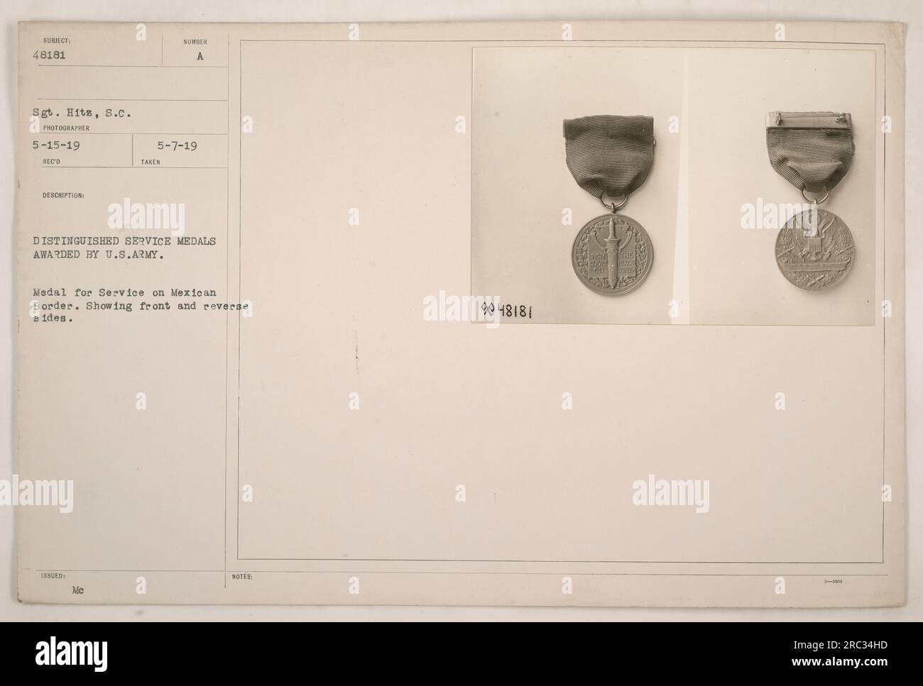 Caption: Distinguished Service Medals awarded by the U.S. Army, including the Medal for Service on the Mexican Border. The photograph shows the front and reverse sides of the medal. This particular medal was awarded to Subject 48181 Sgt. Hits, s.c. The photograph was taken by the photographer on 5-15-19, and the medal was issued on 5-7-19. Notes indicate that the medal has the number 9048181. Stock Photo