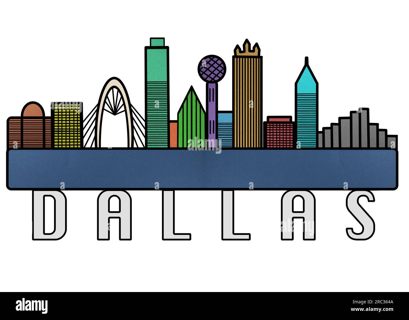 Dallas Skyline Colorful Horizontal Illustration, Line Art Silhouette of ...