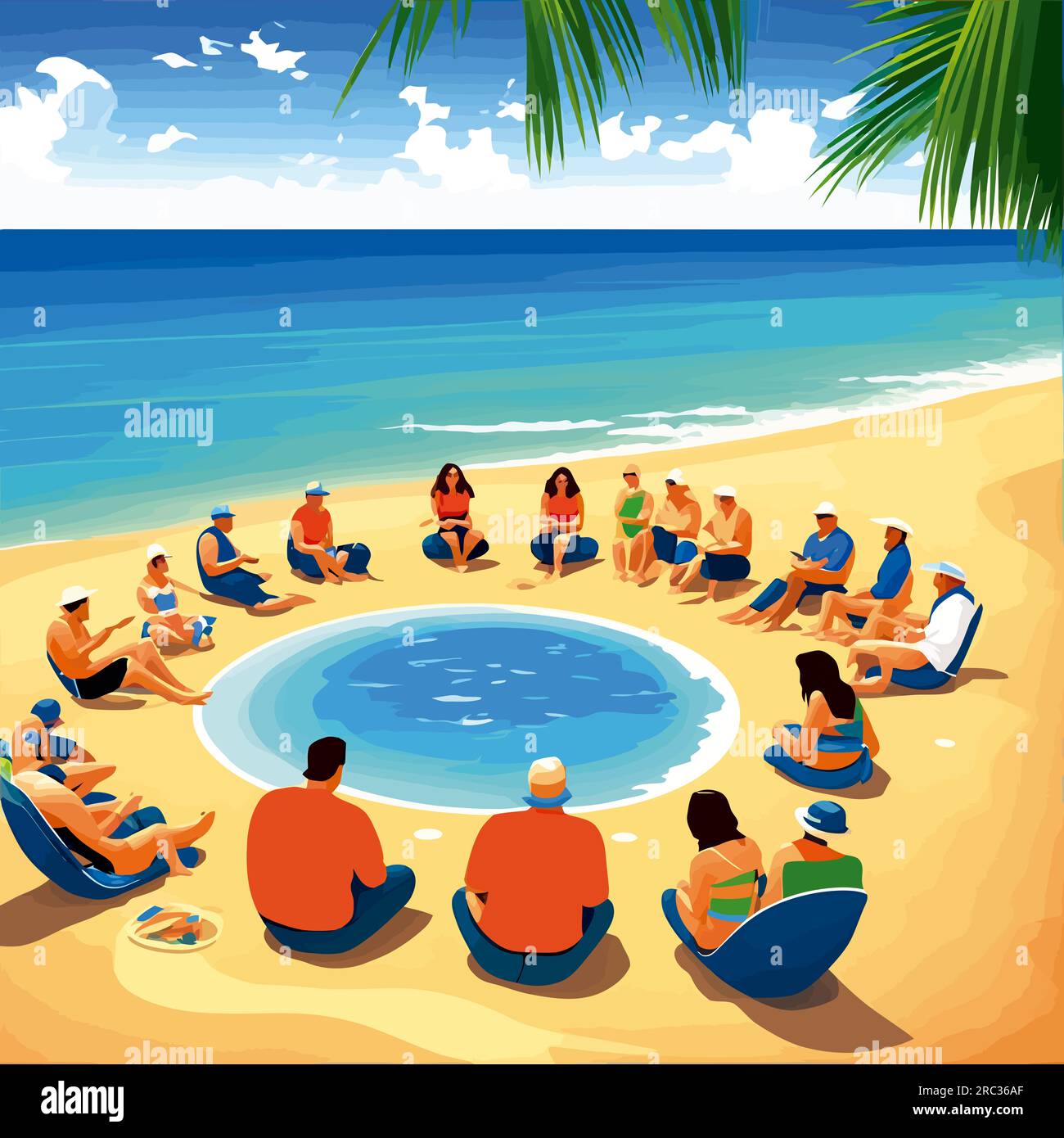 a group of middle aged men and women sitting beach illustration Stock ...