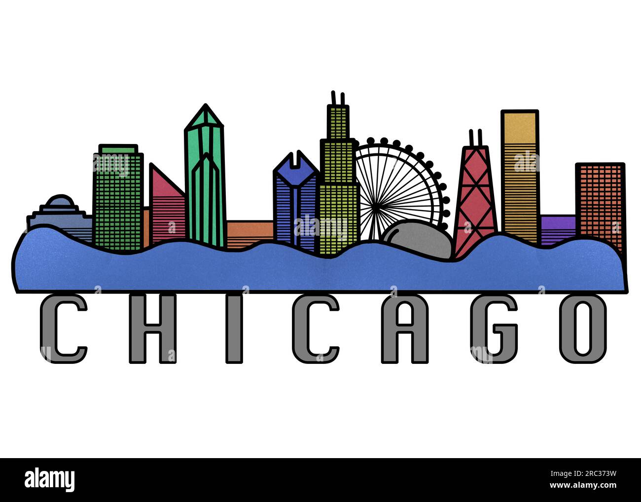 Chicago Skyline Colorful Horizontal Illustration, Line Art Silhouette of Chicago Illinois, USA Cityscape Drawing Banner Stock Photo