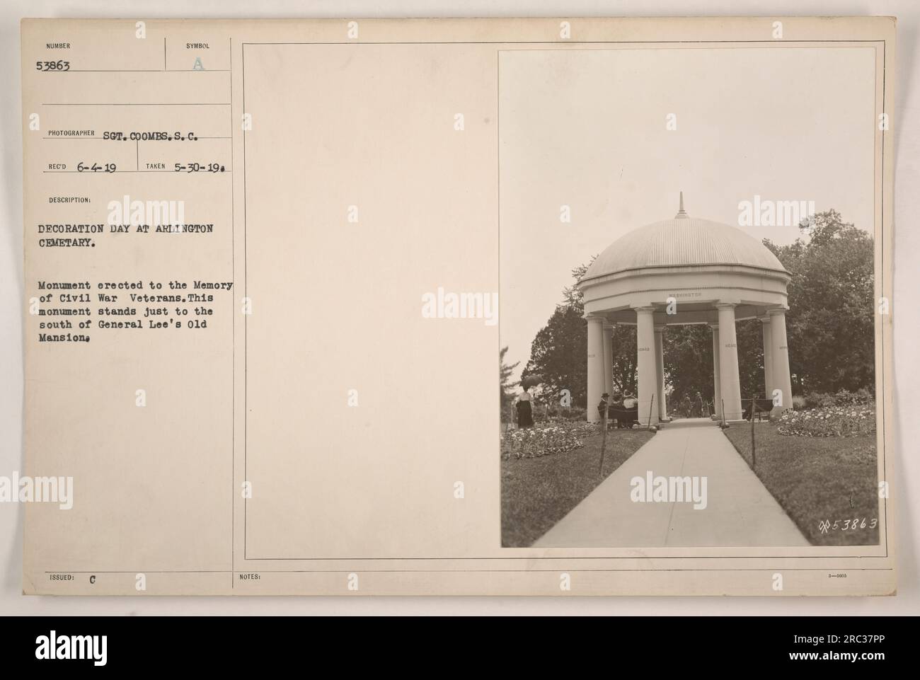 Caption: 'Decoration Day at Arlington Cemetery. A monument erected to honor the memory of Civil War veterans. Positioned south of General Lee's former mansion, this monument holds historical significance at Arlington Cemetery. Date: 6-4-19. Photographer: Sot. Coombs. Description: Symbol captures the essence of Decoration Day. Issued: C. Notes: 53863.' Stock Photo