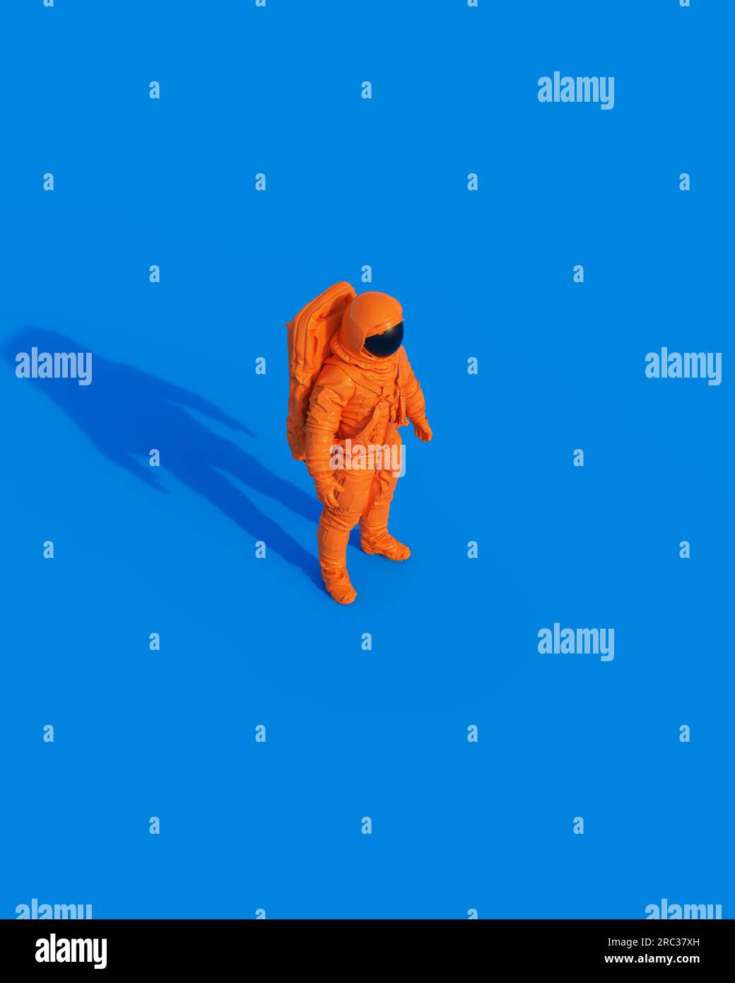 Orange spaceman astronaut retro space suit 90s 80s sunlight gen z blue background 3d illustration render digital rendering Stock Photo