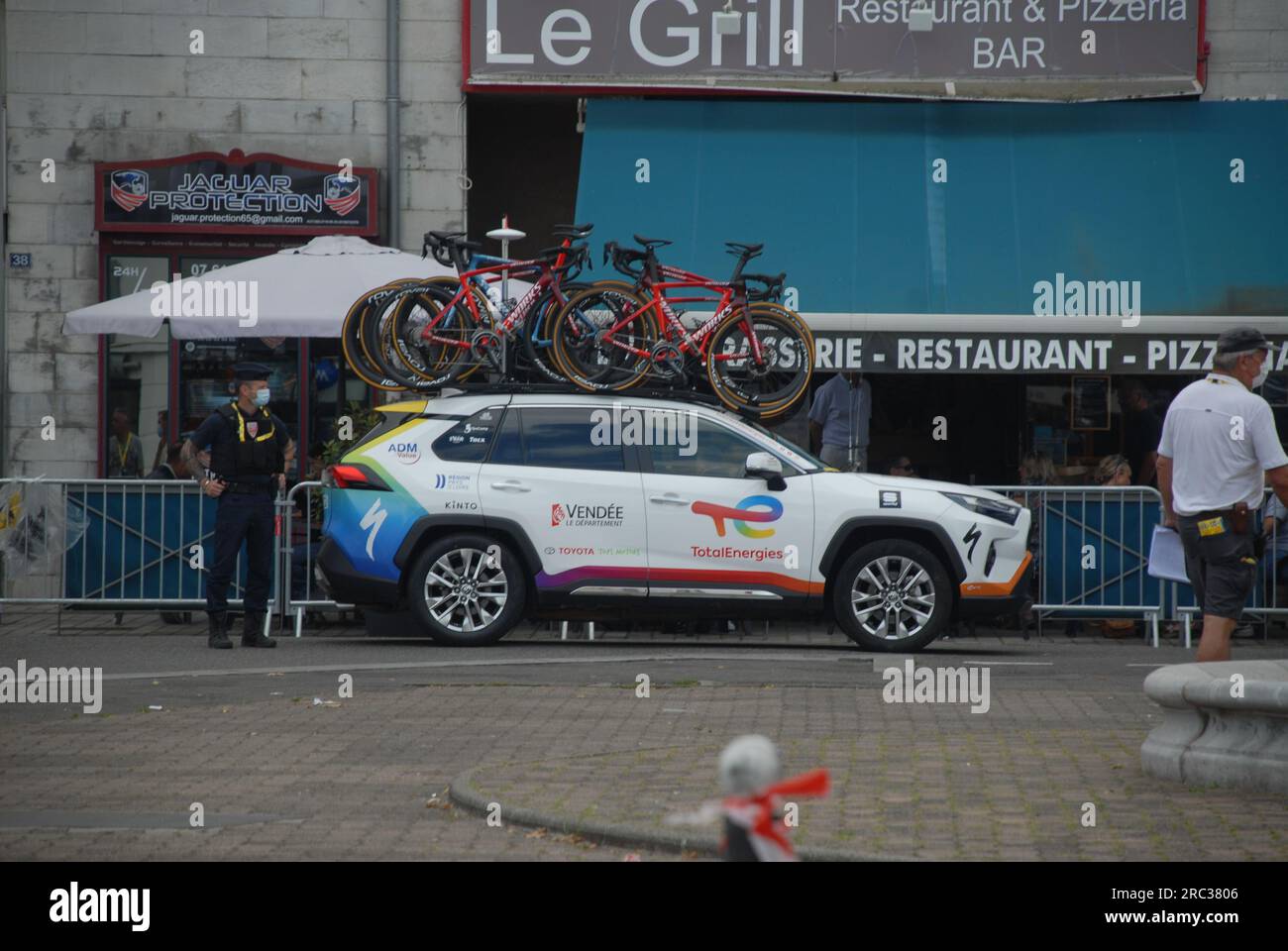 Tarbes, France-July 6, 2023: The sixth stage of the Tour de France started in Tarbes. Many cyclists attended the events held hours before the race. Stock Photo