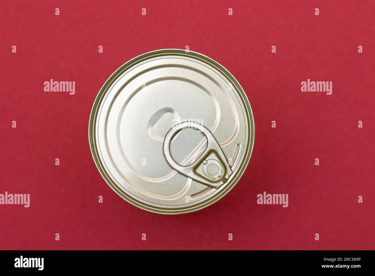 Unopened Tin Can with Blank Edge on Red Background. Canned Food
