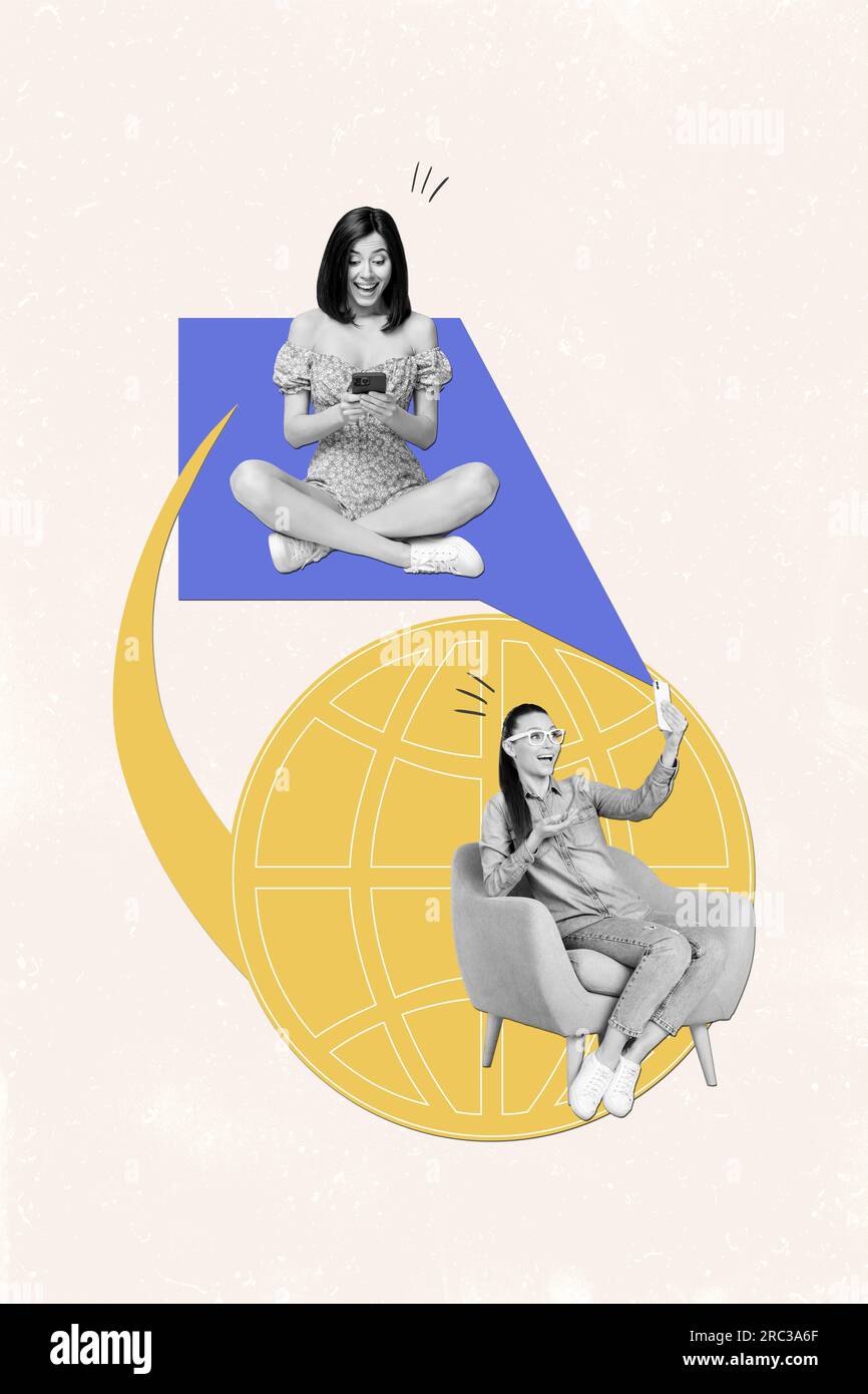 Creative image picture template of two friends ladies have distance ...