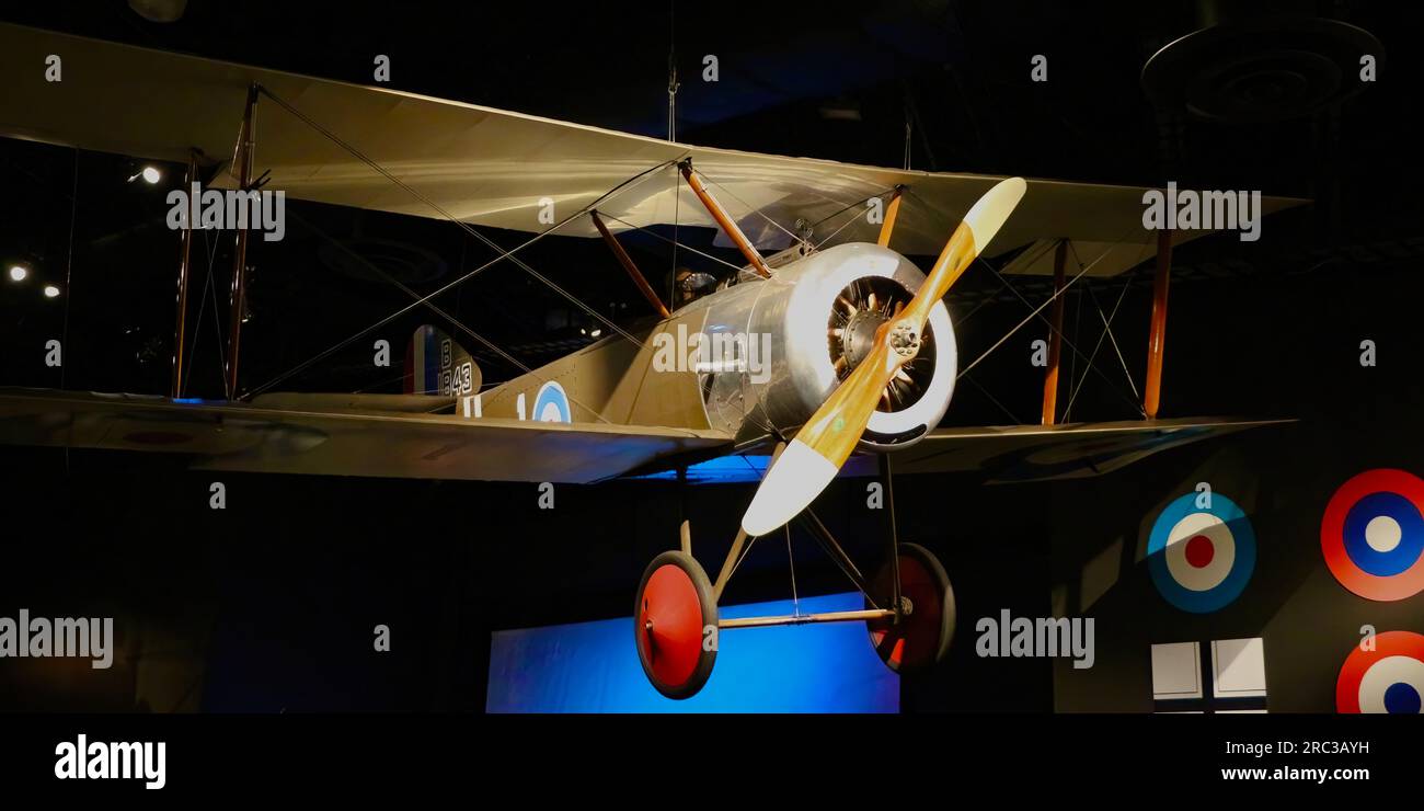 Sopwith Pup Reproduction WW1 fighter plane suspended in the Museum of Flight Seattle Washington State USA Stock Photo