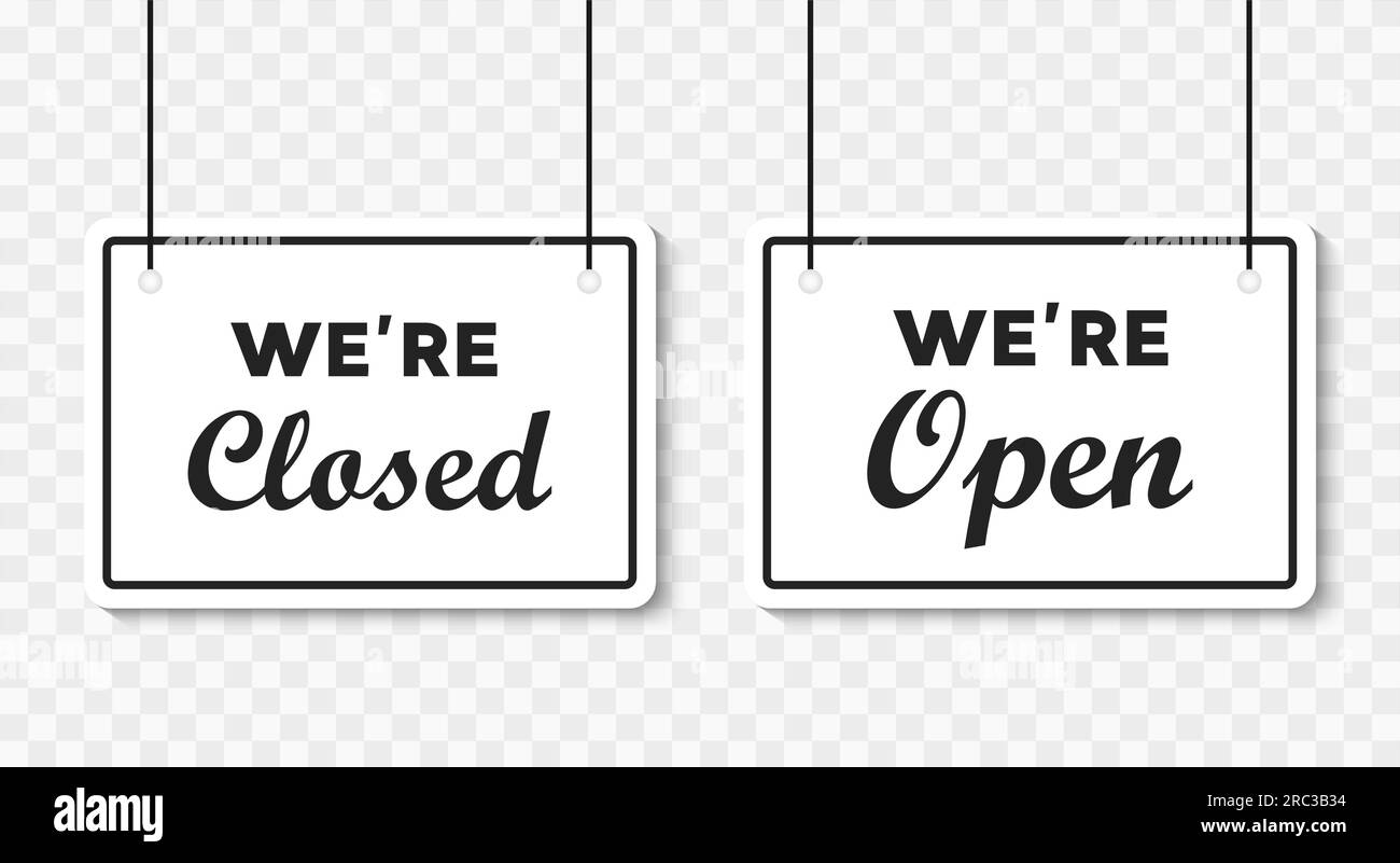 Come in we're open or closed in signboard with a rope on transparent background. Vector illustration Stock Vector