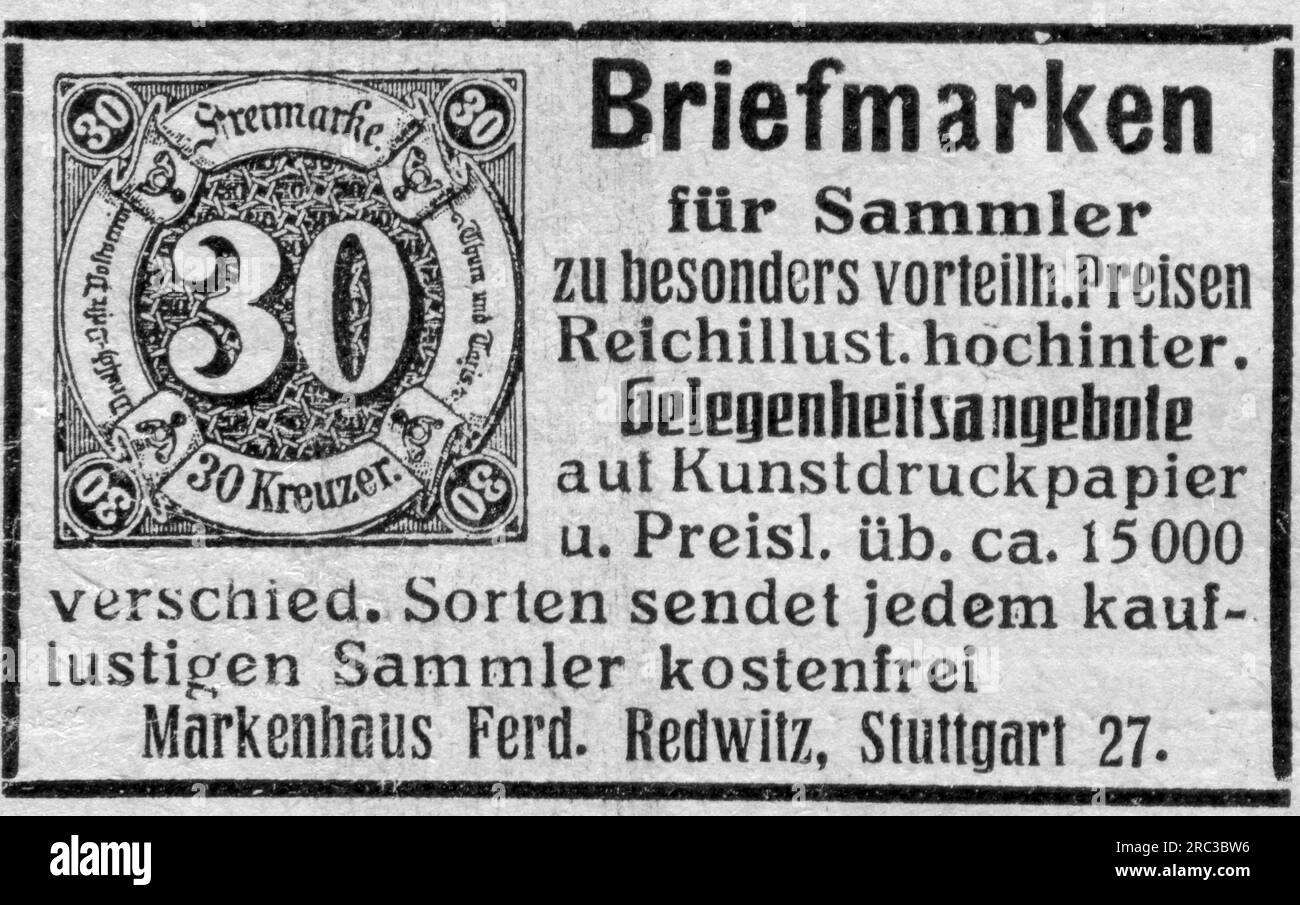 advertising, postage stamps for collectors, Ferdinand Redwitz, Stuttgart, advertisement, ADDITIONAL-RIGHTS-CLEARANCE-INFO-NOT-AVAILABLE Stock Photo