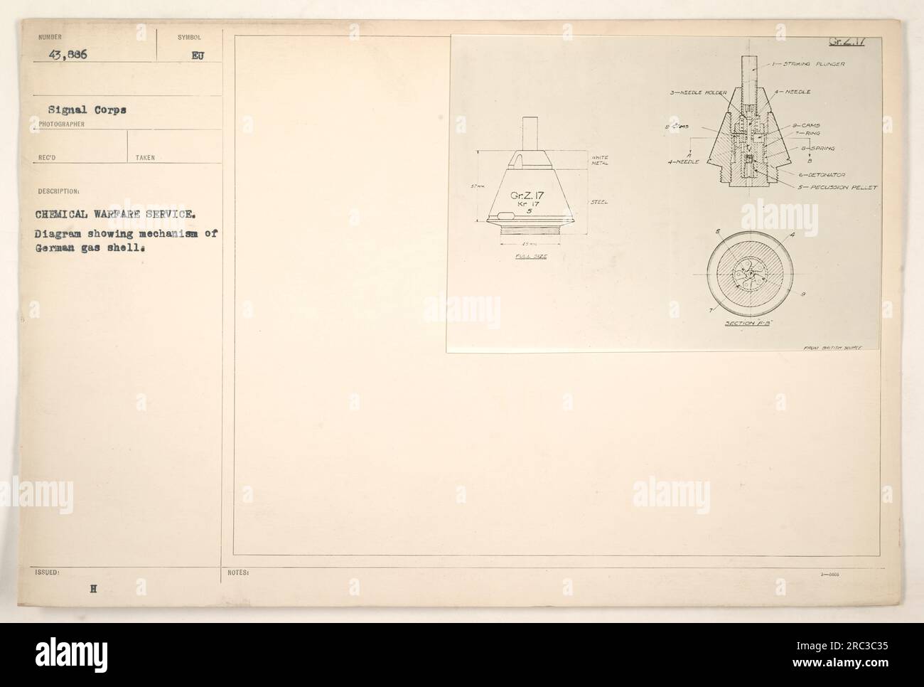 Caption for the image: 'Diagram showing the mechanism of a German gas shell used during World War I. The diagram highlights the various components and features including a 3-needle holoka 2 injection system, string plunger, and a percussion pellet. This information was important for the Chemical Warfare Service to understand and defend against enemy gas attacks.' Stock Photo