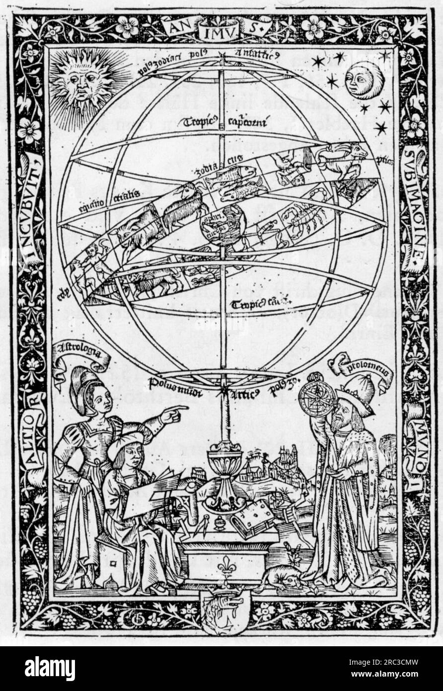 science, astronomy, armillary sphere, woodcut, Johannes de Sacrobosco: 'Tractatus de Sphaera', ADDITIONAL-RIGHTS-CLEARANCE-INFO-NOT-AVAILABLE Stock Photo