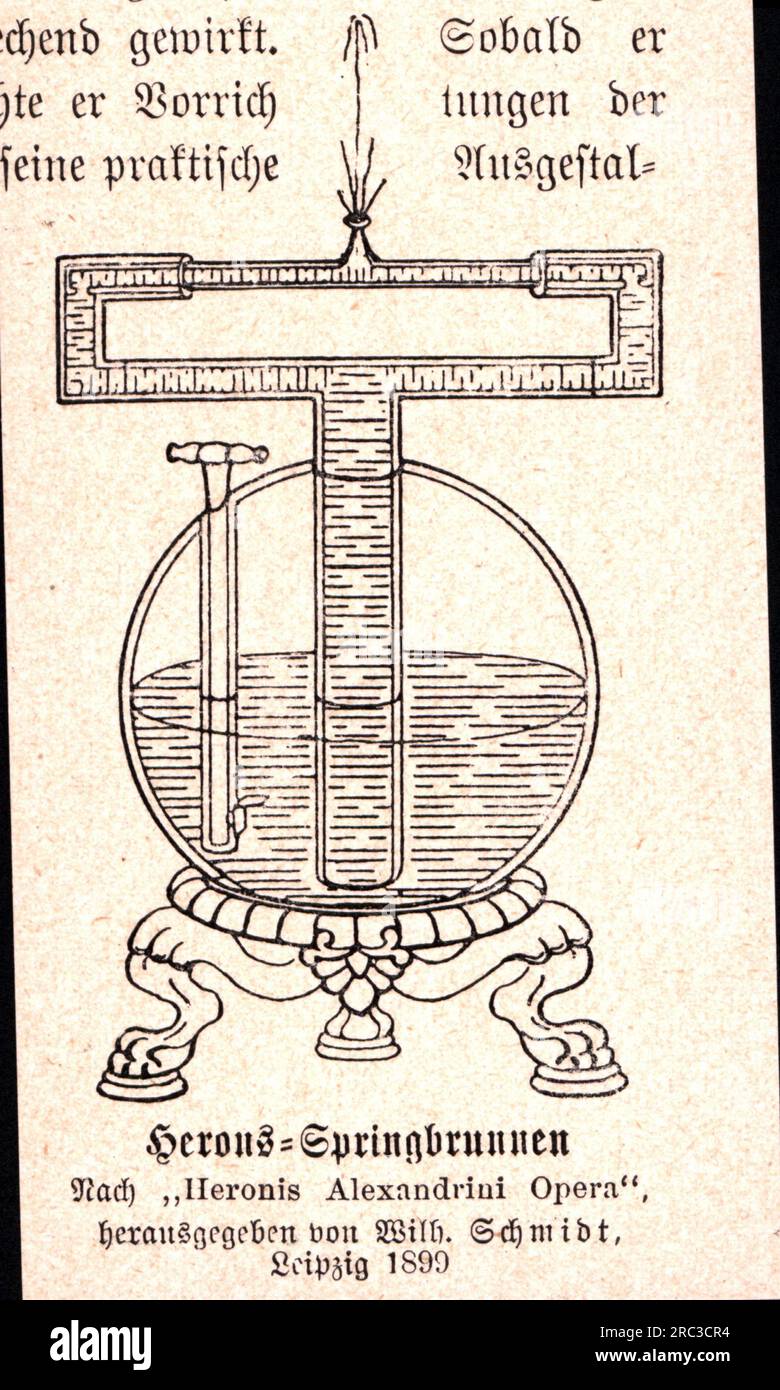 hydraulic engineering, fountain of the Hero of Alexandria, 1st century AD, wood engraving, ARTIST'S COPYRIGHT HAS NOT TO BE CLEARED Stock Photo