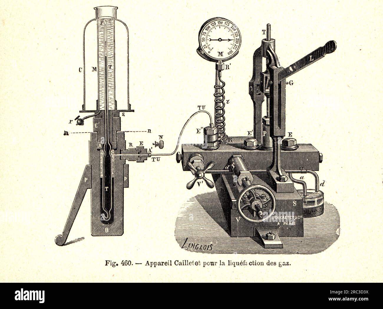 science, physics, apparatus for the liquefaction of permanent gases of Louis Paul Cailletet, 1877, ARTIST'S COPYRIGHT HAS NOT TO BE CLEARED Stock Photo
