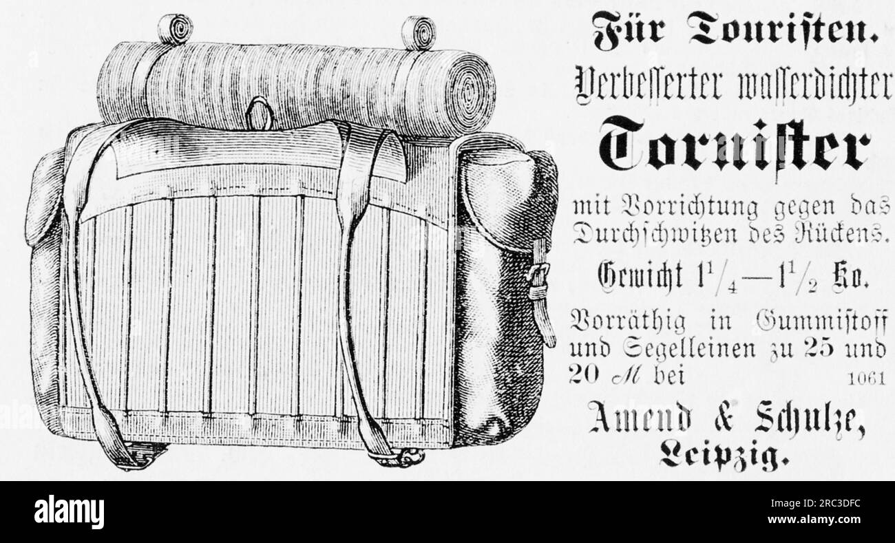 advertising, tourism, advertisement for knapsack, Amend & Schulze company, Leipzig, late 19th century, ADDITIONAL-RIGHTS-CLEARANCE-INFO-NOT-AVAILABLE Stock Photo