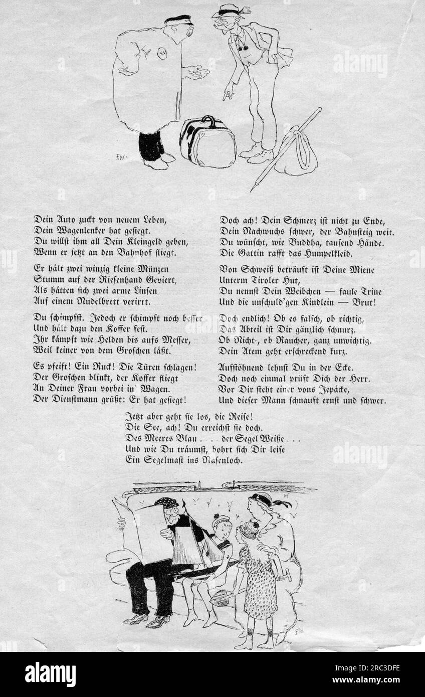 tourism, humor, holiday start, poem by Samson, drawing, by Fritz Wolff (1876 - 1940), 1913, ARTIST'S COPYRIGHT HAS NOT TO BE CLEARED Stock Photo