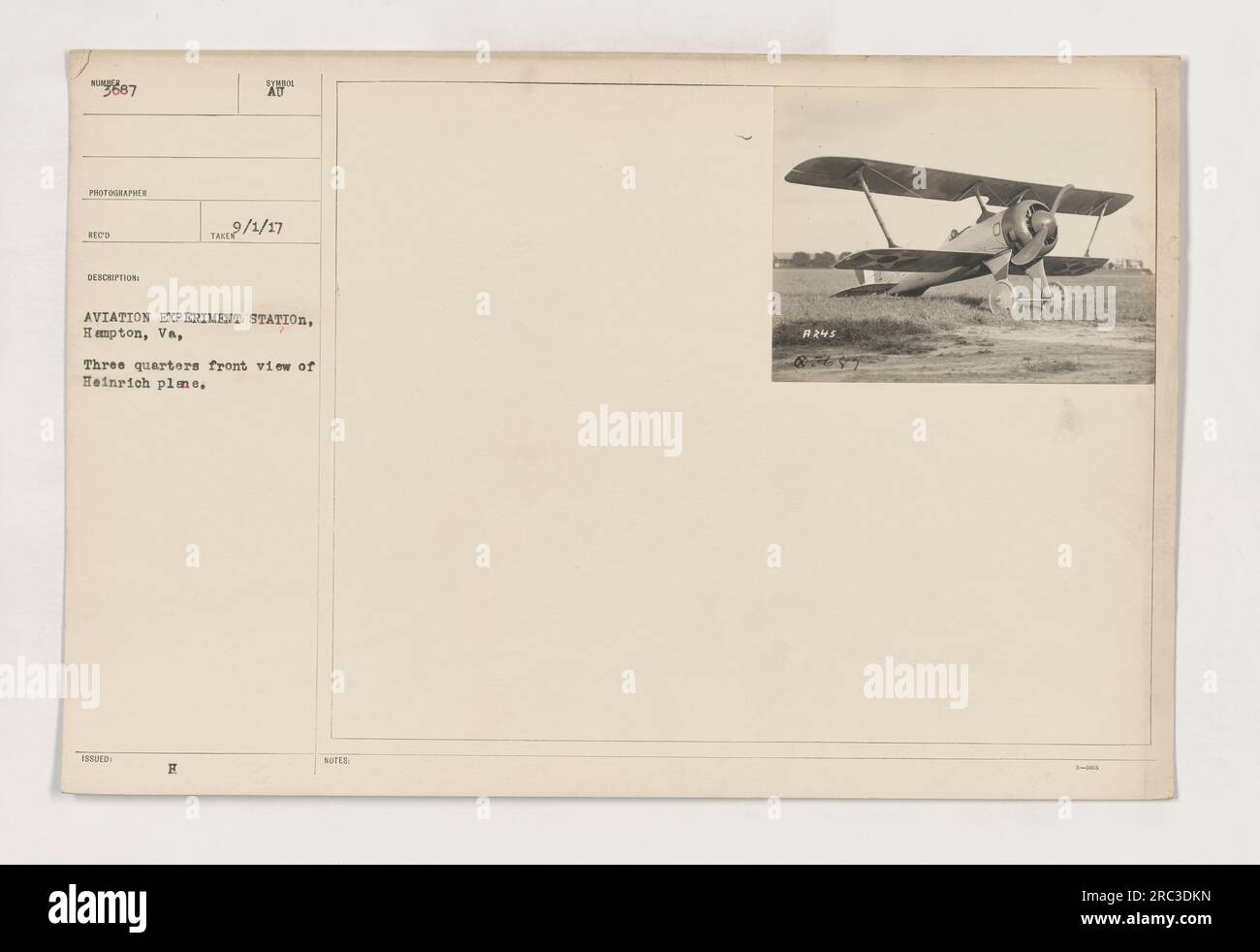 A photograph taken at the Aviation Experiment Station in Hampton, Virginia. The image shows a three-quarter front view of a plane identified as Heinrich plme. It was issued on January 1, 1917. Please note the reference number 1245. Stock Photo