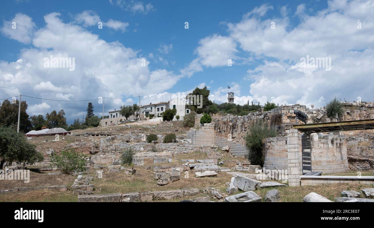 Elefsina Archaeological Site, destinaton Attica Greece. Ancient Telesterion of Eleusinian Mysteries in honor the goddess Demeter and Persephone. Stock Photo