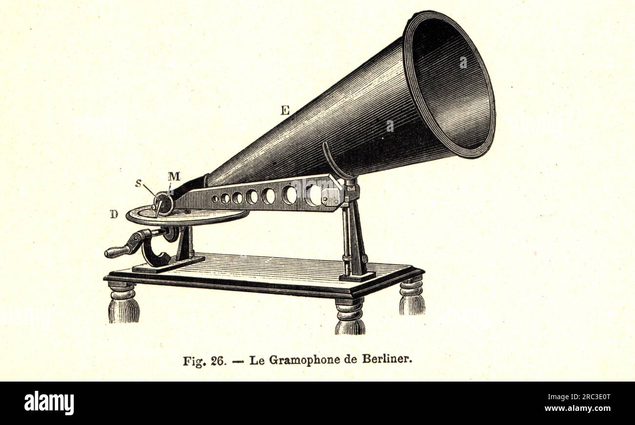 technics, audio engineering, gramophone of Emil Berliner, 1887, wood engraving, late 19th century, ARTIST'S COPYRIGHT HAS NOT TO BE CLEARED Stock Photo