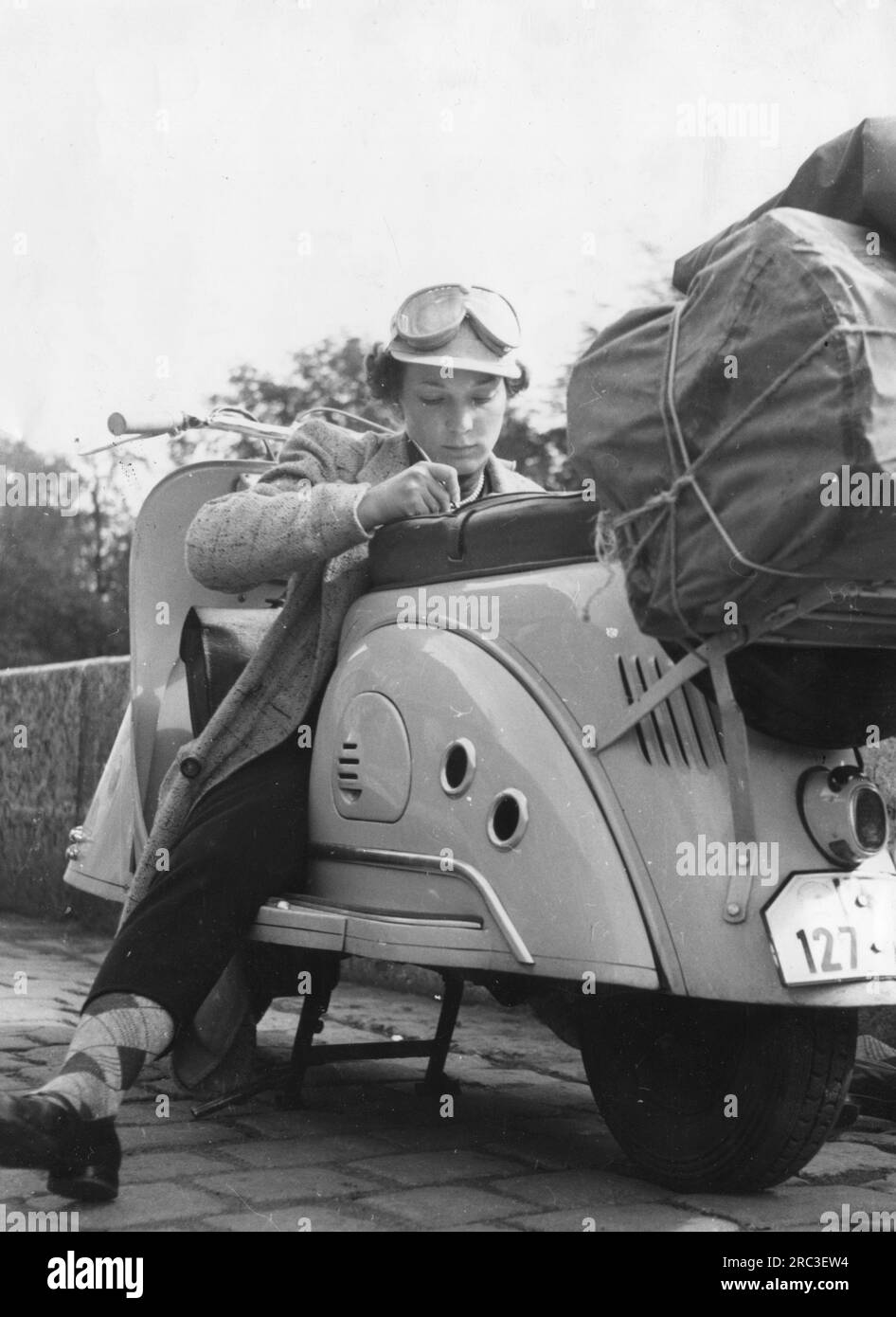 transport / transportation, motorcycle, young man with Goggo scooter, 1950s, ADDITIONAL-RIGHTS-CLEARANCE-INFO-NOT-AVAILABLE Stock Photo