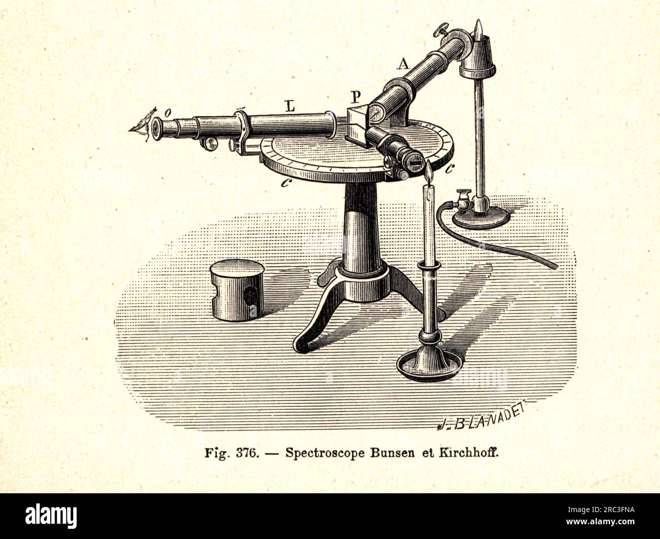 science, physics, spectroscope of Kirchhoff and Bunsen, 1859, wood engraving, France, late 19th century, ARTIST'S COPYRIGHT HAS NOT TO BE CLEARED Stock Photo