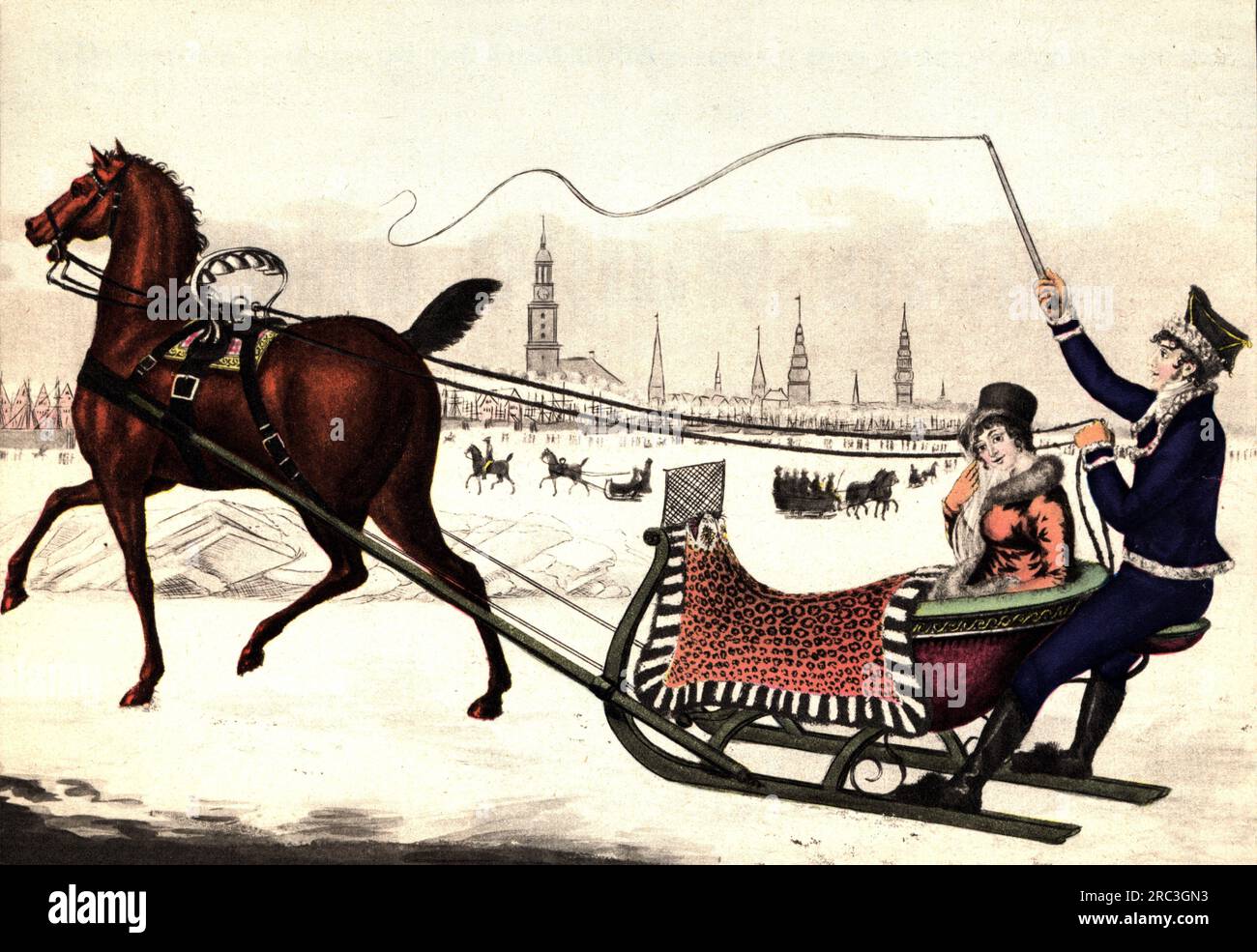 transport / transportation, sleigh, horse-drawn sleigh, sleigh ride on the Elbe river at Hamburg, ADDITIONAL-RIGHTS-CLEARANCE-INFO-NOT-AVAILABLE Stock Photo