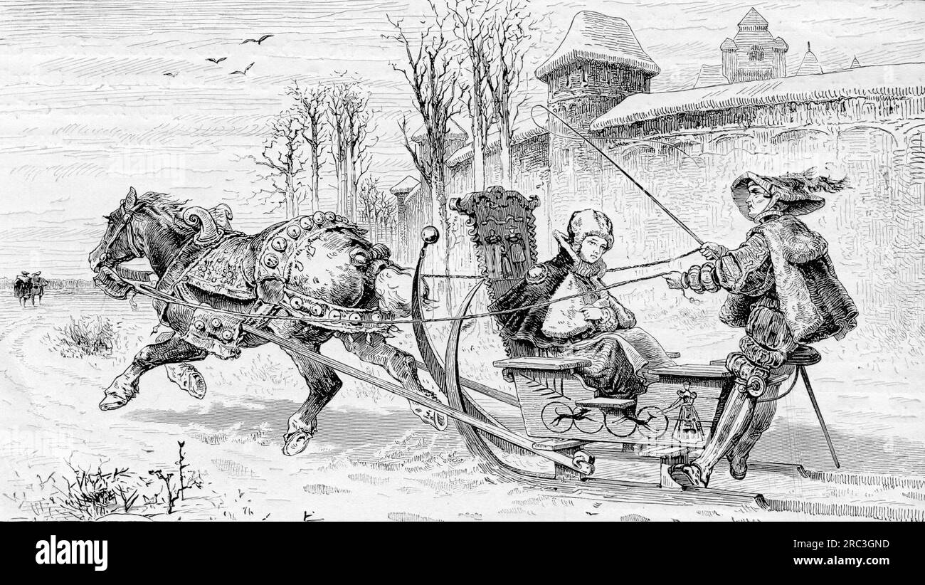 transport / transportation, sleigh, horse-drawn sleigh outside of a city in the 15th century, ARTIST'S COPYRIGHT HAS NOT TO BE CLEARED Stock Photo