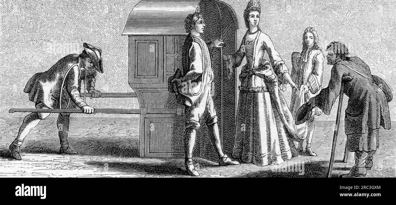 transport / transportation, sedan chair, a lady enters a sedan chair, after copper engraving, France, ARTIST'S COPYRIGHT HAS NOT TO BE CLEARED Stock Photo