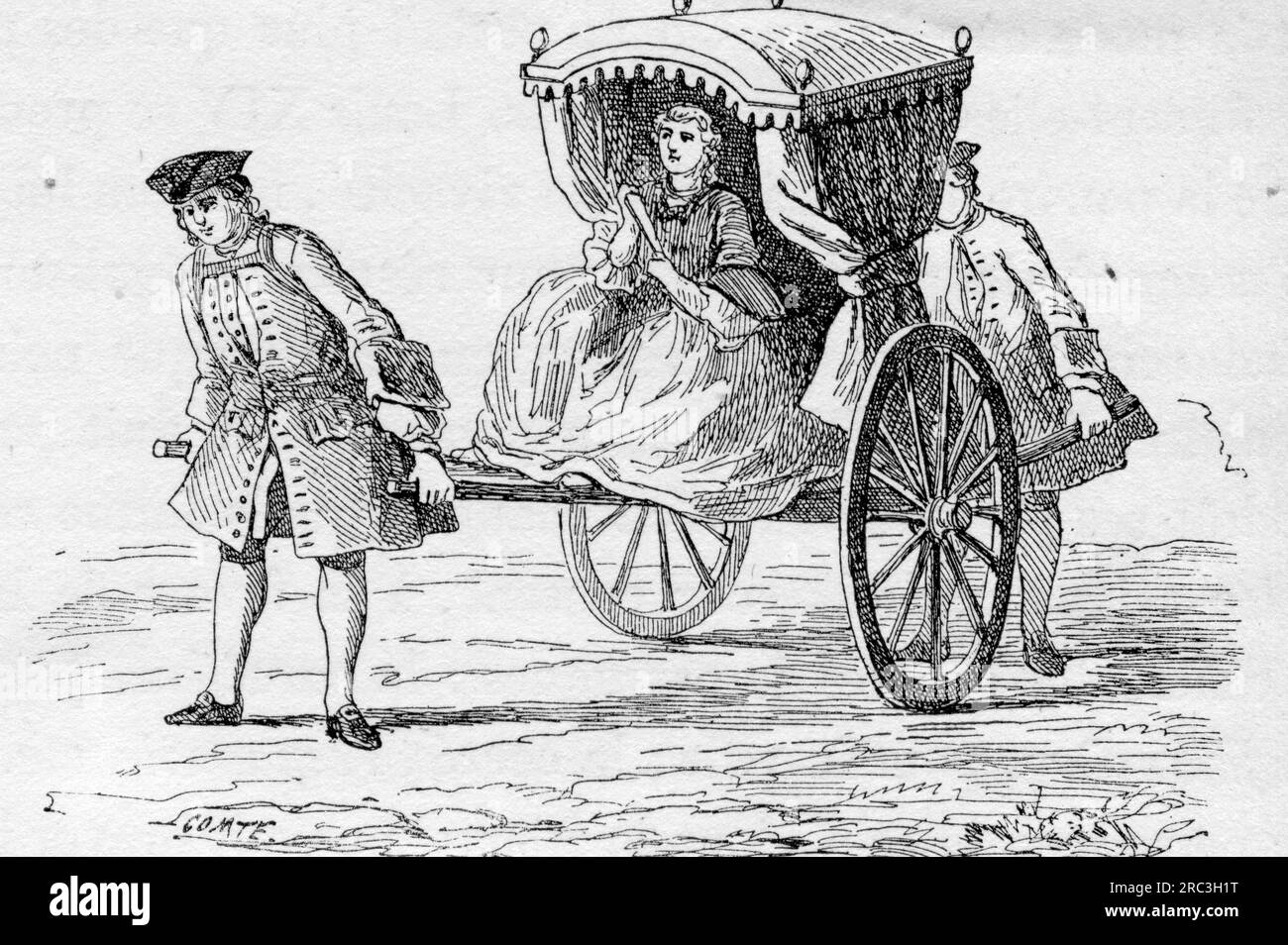 people, society, nobility, noble lady in a wheelchair, wood engraving, after Hyacinthe Rigaud, ARTIST'S COPYRIGHT HAS NOT TO BE CLEARED Stock Photo
