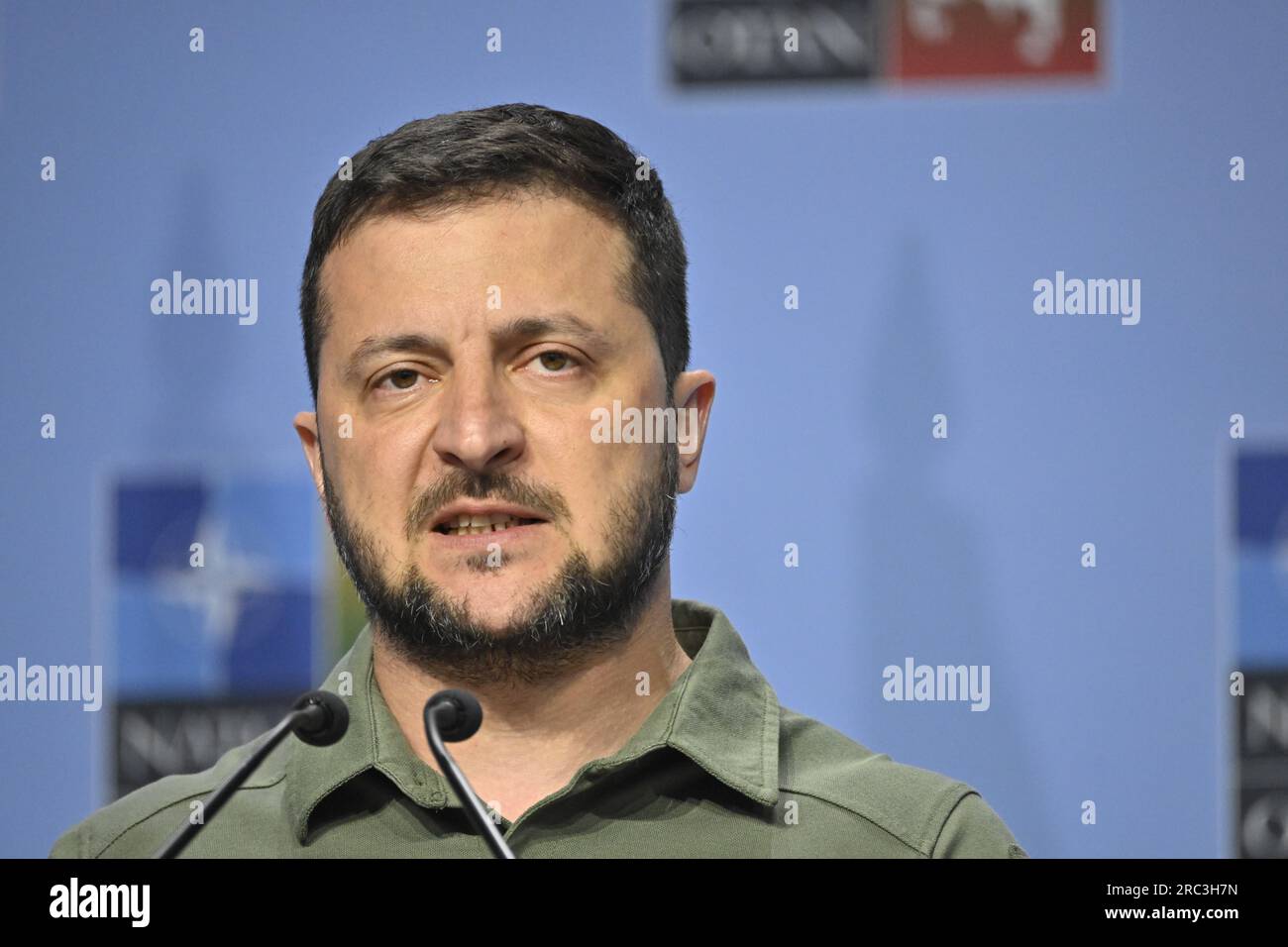 Vilnius, Lithuania. 12th July, 2023. Ukrainian President Volodymyr Zelenskyy during a press conference at the NATO summit in Vilnius, Lithuania, July 12, 2023. Photo: Henrik Montgomery/TT/code 10060 Credit: TT News Agency/Alamy Live News Stock Photo