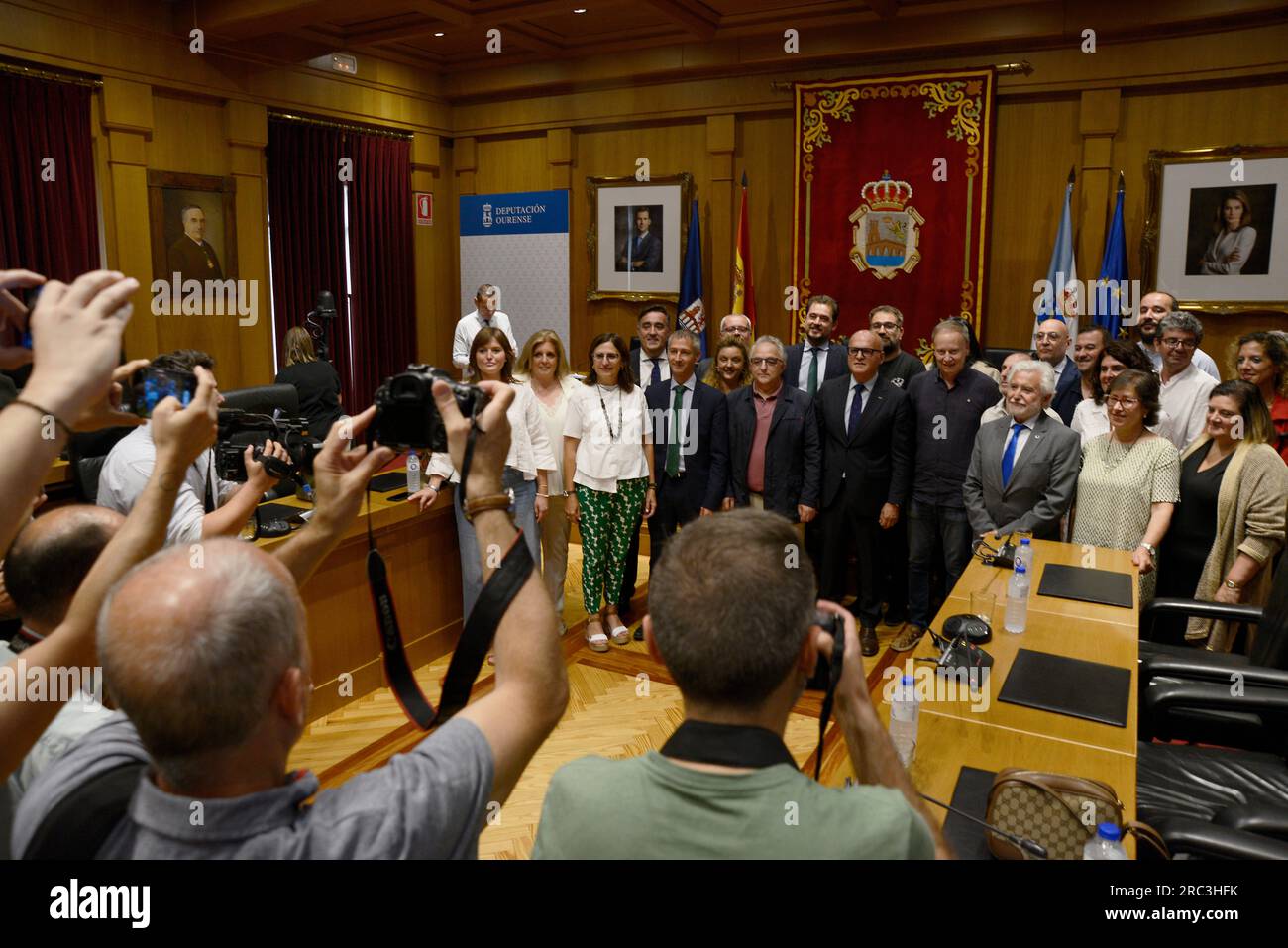 The Diputación de Ourense poses during the last plenary session of Manuel  Baltar as president, on July 12, 2023, in Ourense, Galicia (Spain). After  his resignation, Baltar puts an end to a