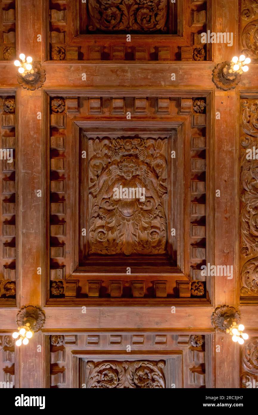 Hearst Castle, California, USA- 27 April 2017- Wood carved ceiling in Hearst Castle, close-up detailed bottom-up view. Ceiling handmade. Assembly Room, Hearst Castle's grand social room in Casa Grande Stock Photo