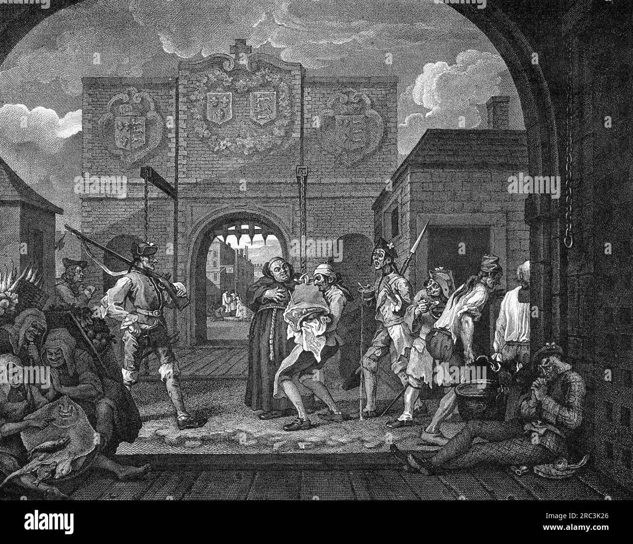 food, meat, caricature, The Gate of Calais, O the Roast Beef of Old England, etching by William Hogarth, ARTIST'S COPYRIGHT HAS NOT TO BE CLEARED Stock Photo