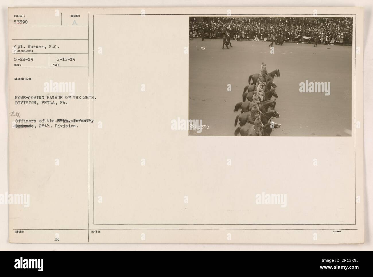 Caption: Staff Officers of the 55th Infantry Brigade, 28th Division, participating in the Homecoming Parade of the 28th Division in Philadelphia, Pennsylvania. Taken on May 22, 1919, this photograph is numbered 53390 in the Records & Statistics Department. Stock Photo